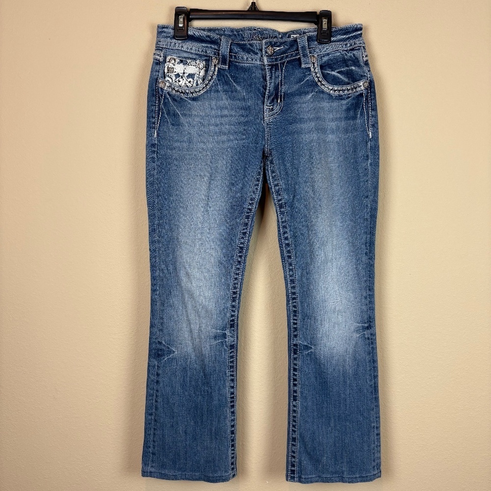 Miss Me Signature Denim Bootcut Jeans with Embroidery/Rhinestone/Cross Accents